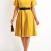Yellow Asymmetry Belted Short Sleeve V Neck Dress