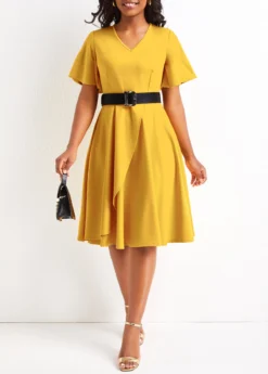 Yellow Asymmetry Belted Short Sleeve V Neck Dress
