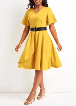 Yellow Asymmetry Belted Short Sleeve V Neck Dress -Elegance Swimwear Store 328960 P 16799181176642