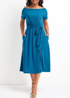 Sky Blue Split Short Sleeve Off Shoulder Dress -Elegance Swimwear Store 328966 P 16802626951680