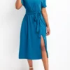 Sky Blue Split Short Sleeve Off Shoulder Dress