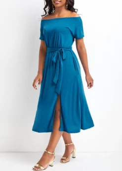 Sky Blue Split Short Sleeve Off Shoulder Dress -Elegance Swimwear Store 328966 P 16802626959462