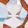 Mesh Patchwork White One Piece Swimwear