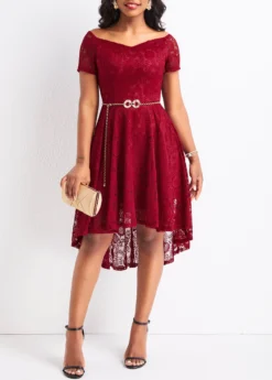 Wine Red Lace High Low Short Sleeve Dress -Elegance Swimwear Store 329165 P 16797398760742