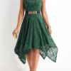 Blackish Green Lace High Low Sleeveless Dress