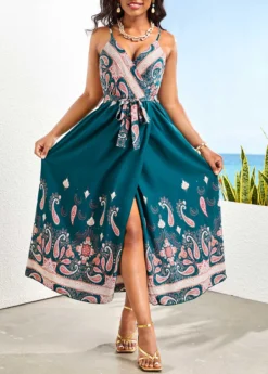 Blackish Green Wrap Tribal Print Belted Maxi Dress -Elegance Swimwear Store 329182 P 16798996807870