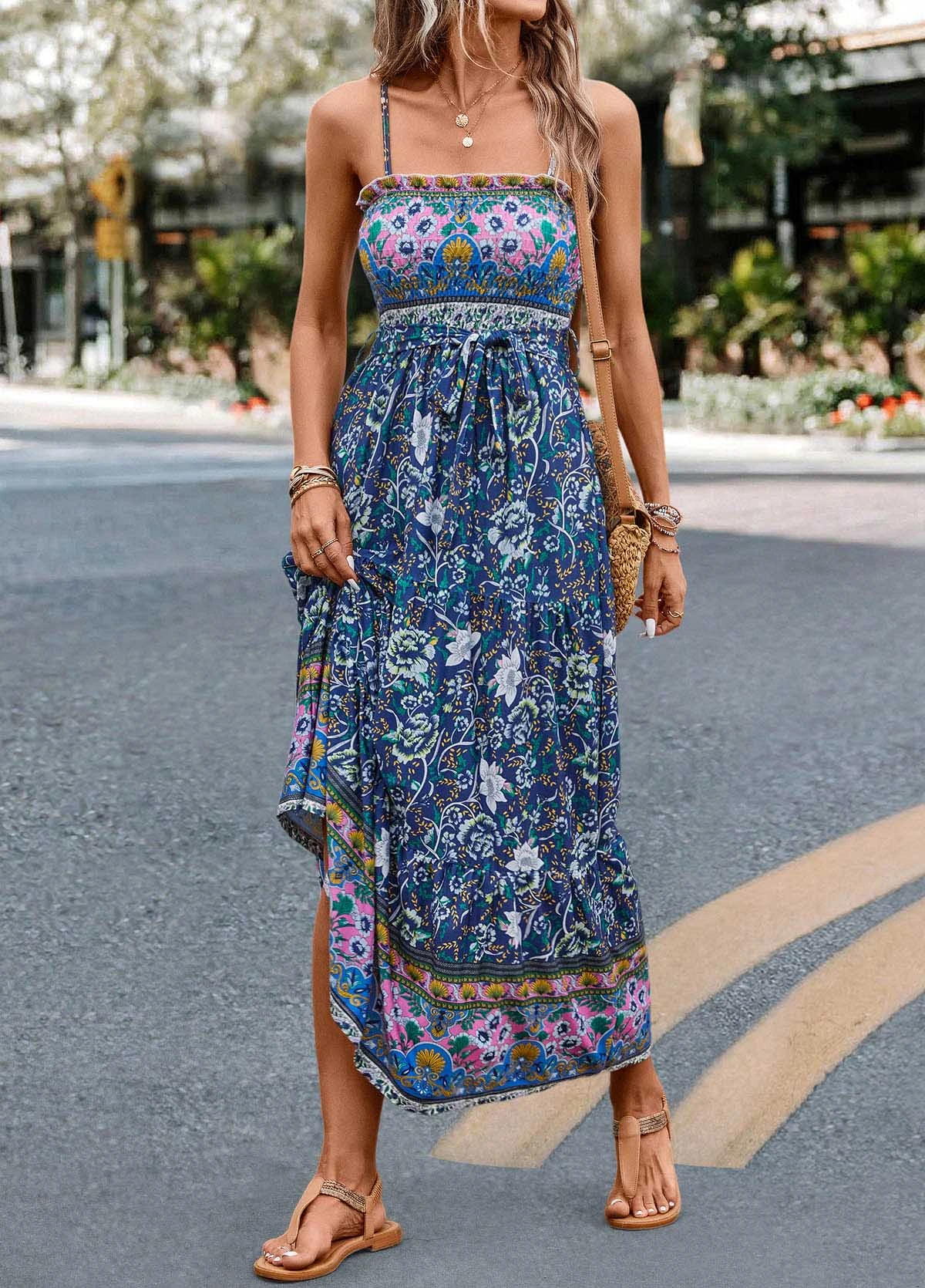 Multi Color Smocked Floral Print Belted Maxi Dress 5 Multi Color Smocked Floral Print Belted Maxi Dress - Image 5