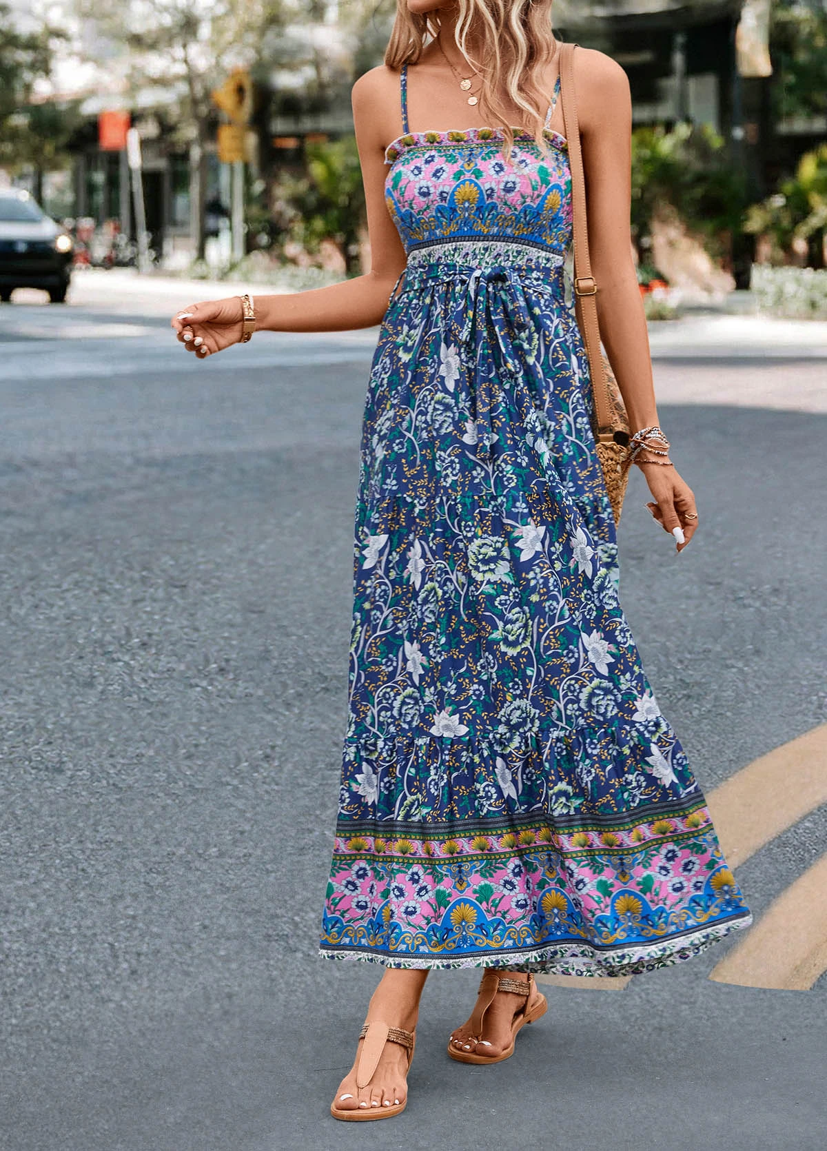 Multi Color Smocked Floral Print Belted Maxi Dress 6 Multi Color Smocked Floral Print Belted Maxi Dress - Image 6