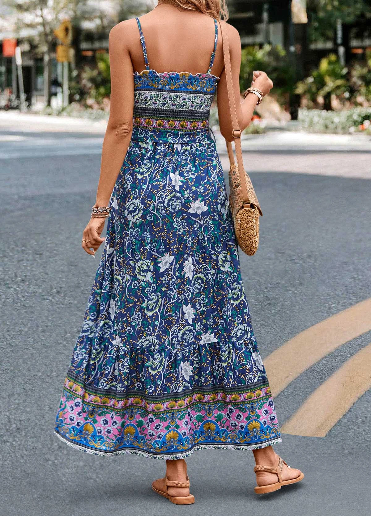 Multi Color Smocked Floral Print Belted Maxi Dress 2 Multi Color Smocked Floral Print Belted Maxi Dress - Image 2