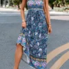 Multi Color Smocked Floral Print Belted Maxi Dress