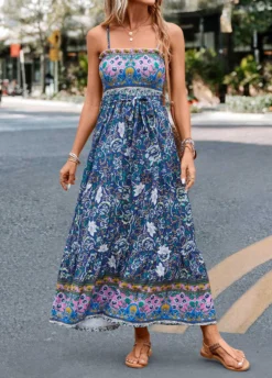 Multi Color Smocked Floral Print Belted Maxi Dress 9 Multi Color Smocked Floral Print Belted Maxi Dress -Elegance Swimwear Store 329393 P 16819888438203