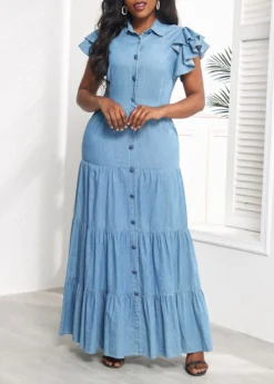 Denim Blue Ruffle Short Sleeve Maxi Dress -Elegance Swimwear Store 329416 P 16799923091613