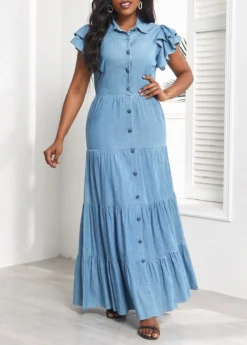 Denim Blue Ruffle Short Sleeve Maxi Dress -Elegance Swimwear Store 329416 P 16799923092512