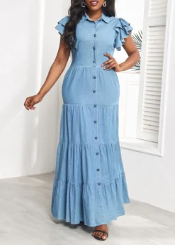 Denim Blue Ruffle Short Sleeve Maxi Dress -Elegance Swimwear Store 329416 P 16799923096115