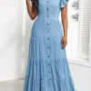 Denim Blue Ruffle Short Sleeve Maxi Dress