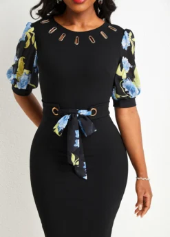 Black Patchwork Floral Print Short Sleeve Bodycon Dress -Elegance Swimwear Store 329477 P 16808513322753