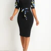 Black Patchwork Floral Print Short Sleeve Bodycon Dress