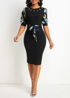 Black Patchwork Floral Print Short Sleeve Bodycon Dress