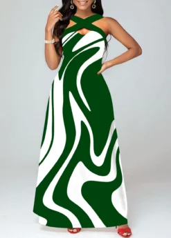 Green Criss Cross Geometric Print Maxi Dress -Elegance Swimwear Store 329595 P 1683365687530