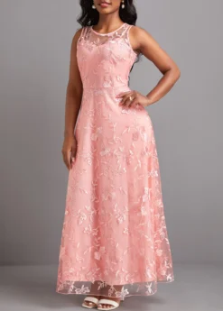 Pink Lace Sleeveless Round Neck Maxi Dress -Elegance Swimwear Store 329641 P 16825078251222