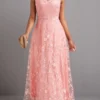 Pink Lace Sleeveless Round Neck Maxi Dress