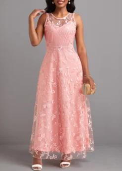 Pink Lace Sleeveless Round Neck Maxi Dress -Elegance Swimwear Store 329641 P 16825078256753