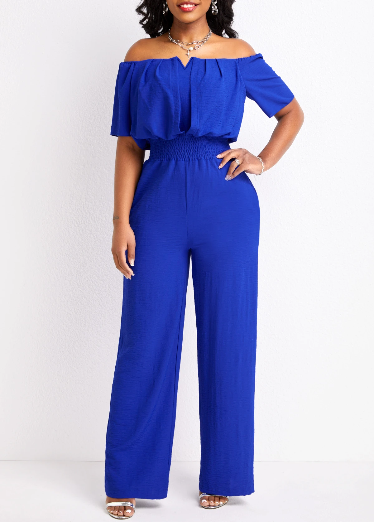 Royal Blue Smocked Long Short Sleeve Jumpsuit 3 Royal Blue Smocked Long Short Sleeve Jumpsuit - Image 3