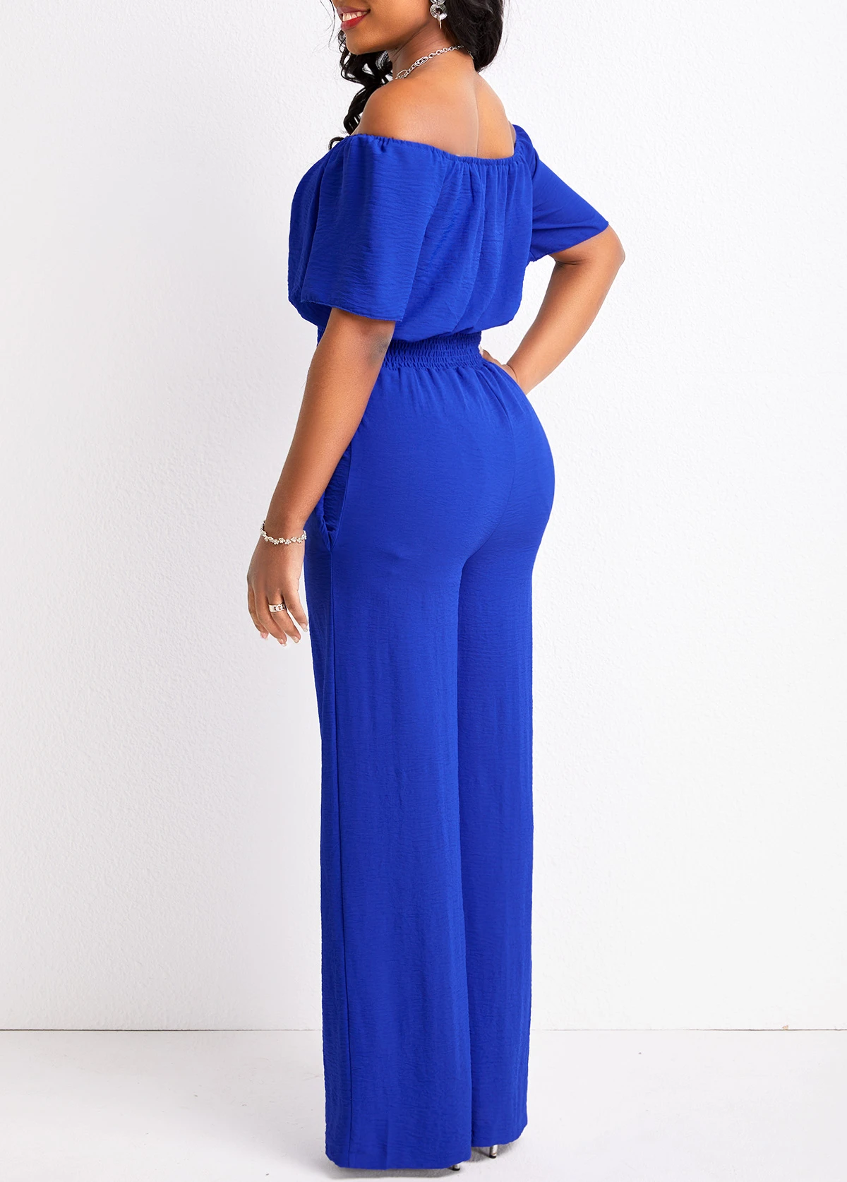 Royal Blue Smocked Long Short Sleeve Jumpsuit 2 Royal Blue Smocked Long Short Sleeve Jumpsuit - Image 2