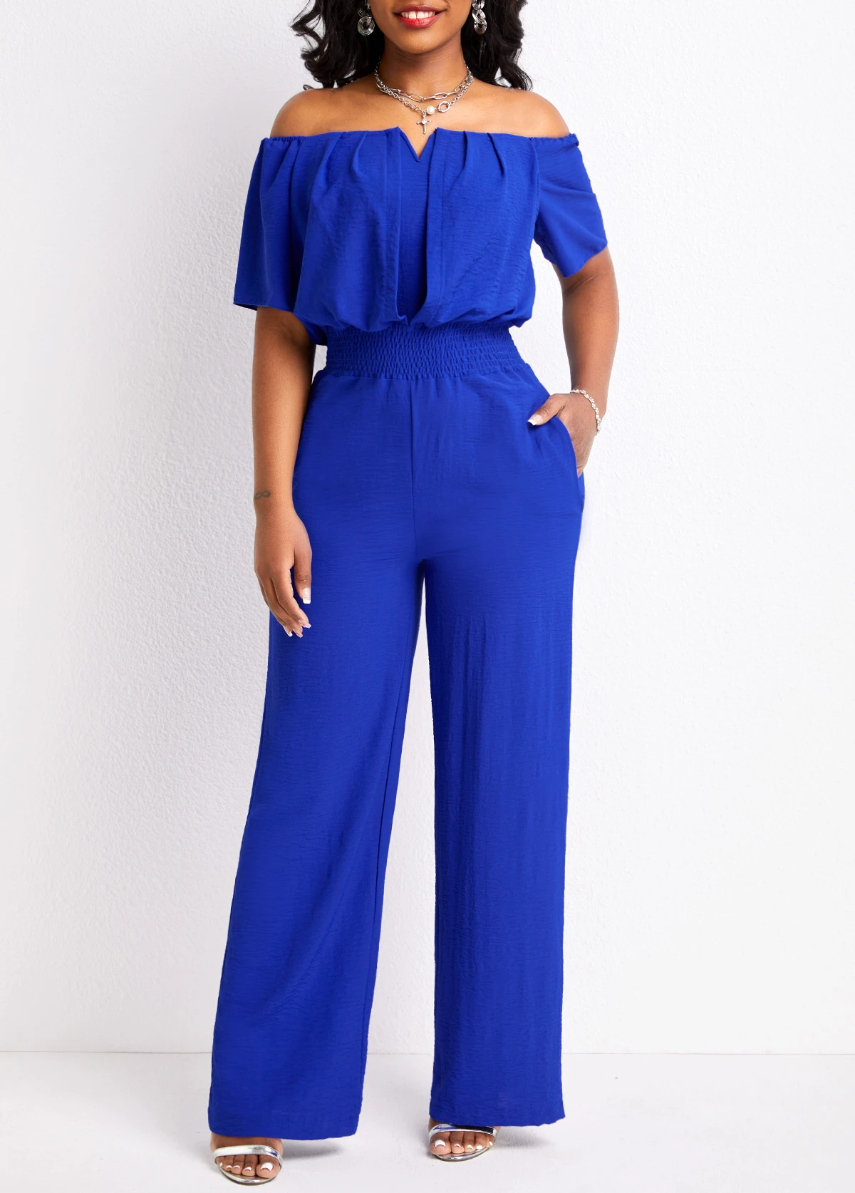 Royal Blue Smocked Long Short Sleeve Jumpsuit 1 Royal Blue Smocked Long Short Sleeve Jumpsuit