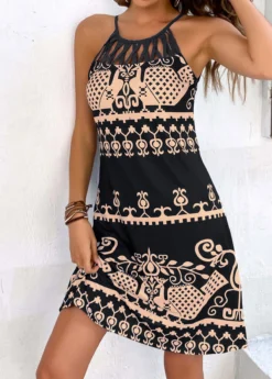 Black Cage Neck Tribal Print Dress