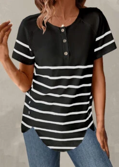 Plus Size Black Button Striped T Shirt -Elegance Swimwear Store 329809 P 1679387224474
