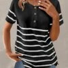 Plus Size Black Button Striped T Shirt