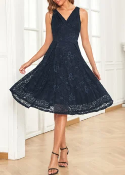 Navy Lace Sleeveless V Neck Dress