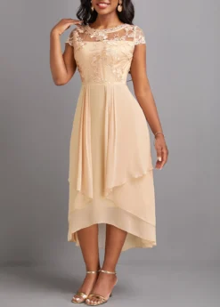 Champagne Lace High Low Short Sleeve Dress 10 Champagne Lace High Low Short Sleeve Dress -Elegance Swimwear Store 329903 P 16822453670923