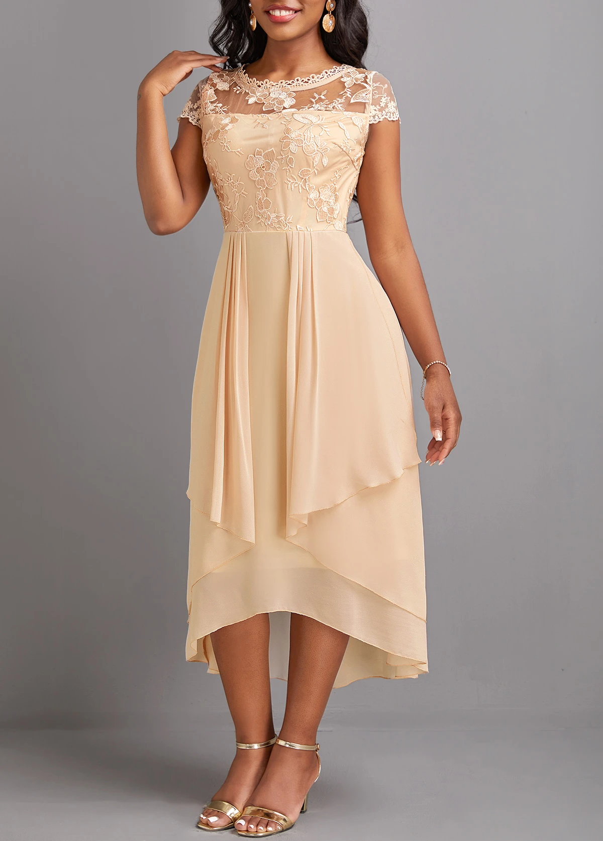 Champagne Lace High Low Short Sleeve Dress 5 Champagne Lace High Low Short Sleeve Dress - Image 5