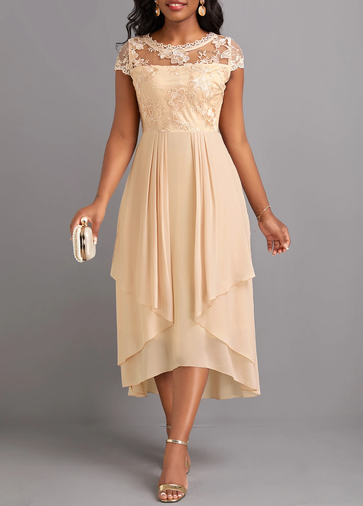 Champagne Lace High Low Short Sleeve Dress 3 Champagne Lace High Low Short Sleeve Dress - Image 3