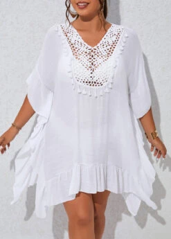 Plus Size Tassel Patchwork White Cover Up -Elegance Swimwear Store 330150 P 16805050640603