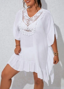 Plus Size Tassel Patchwork White Cover Up -Elegance Swimwear Store 330150 P 16805050641402