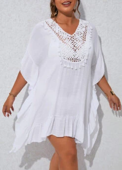 Plus Size Tassel Patchwork White Cover Up