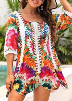 Patchwork Tie Dye Print Multi Color Cover Up -Elegance Swimwear Store 330152 P 16818983169644