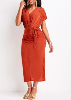 Red Ruched Belted Short Sleeve Bodycon Dress -Elegance Swimwear Store 330307 P 16812957431872