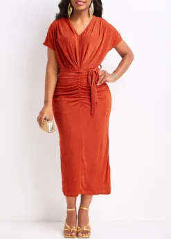Red Ruched Belted Short Sleeve Bodycon Dress -Elegance Swimwear Store 330307 P 16812957432423