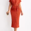 Red Ruched Belted Short Sleeve Bodycon Dress