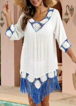 Patchwork Weave Tassel White Cover Up -Elegance Swimwear Store 330663 P 16847357954402