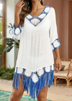 Patchwork Weave Tassel White Cover Up -Elegance Swimwear Store 330663 P 16847357954845