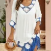 Patchwork Weave Tassel White Cover Up