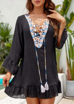 V Neck Patchwork Black Cover Up 8 V Neck Patchwork Black Cover Up -Elegance Swimwear Store 330665 P 16825617253543
