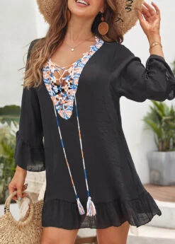 V Neck Patchwork Black Cover Up 9 V Neck Patchwork Black Cover Up -Elegance Swimwear Store 330665 P 16825617254604