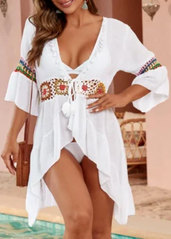 Patchwork Tassel Tie White Cover Up -Elegance Swimwear Store 330667 P 16848257274762