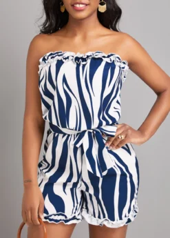 Navy Frill Striped Short Belted Sleeveless Bandeau Romper -Elegance Swimwear Store 330708 P 16813832602280